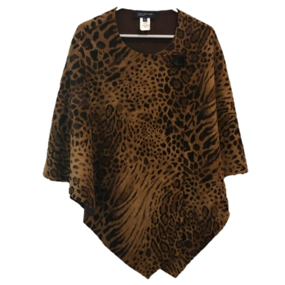 Jones New York Poncho Reversible Wool Blend Leopard Cheeta Print Brown Wom